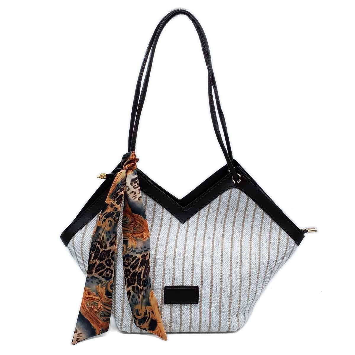 V Model Siyah Detaylı Kahverengi-Beyaz Omuz Çantası