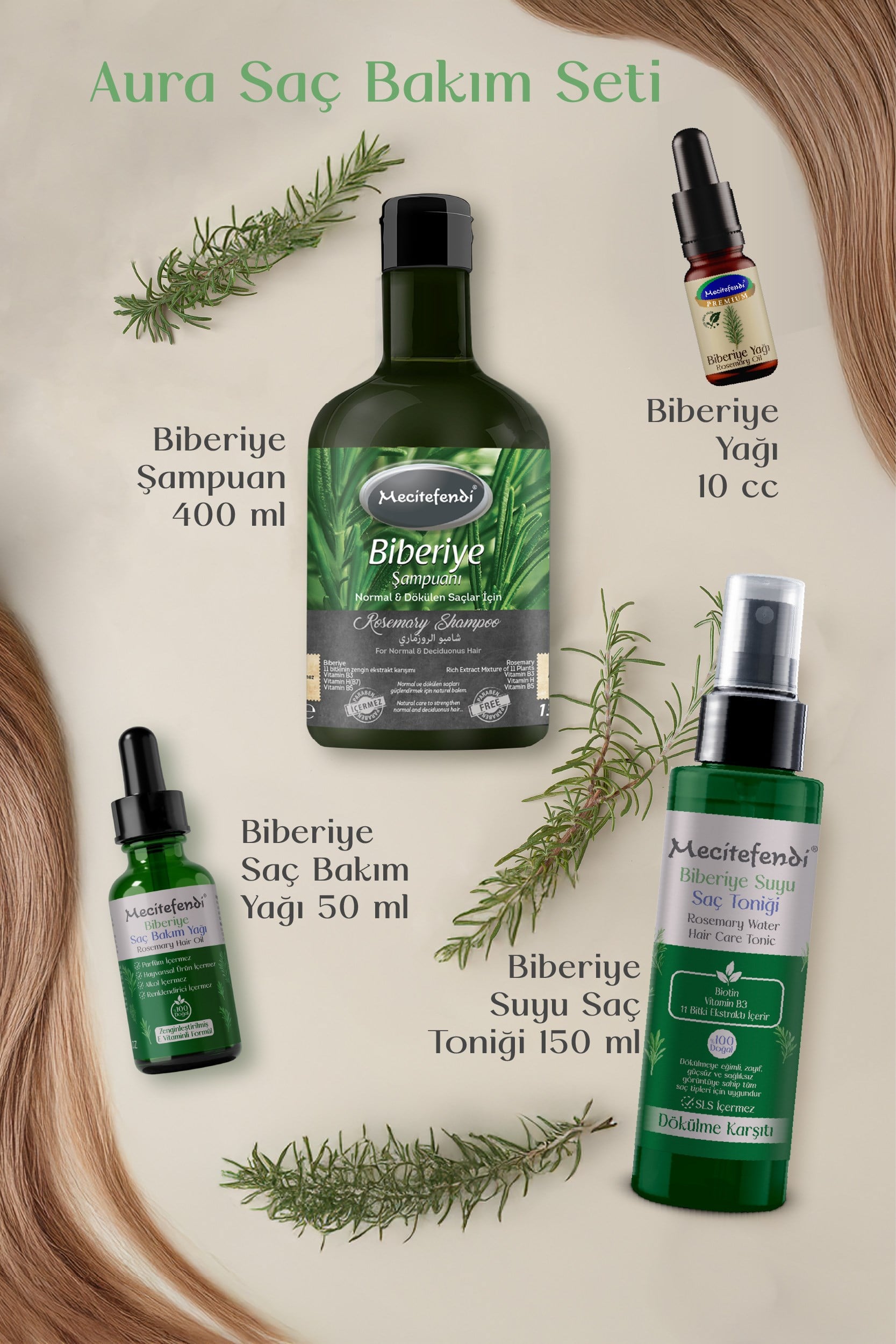 Mecitefendi Biberiye Saç Bakım Seti Aura - Biberiye Şampuanı 400 Ml + Biberiye Serumu 50 Ml + Biberiye Suyu Saç Toniği 150 Ml + Biberiye Yağı 10 Ml