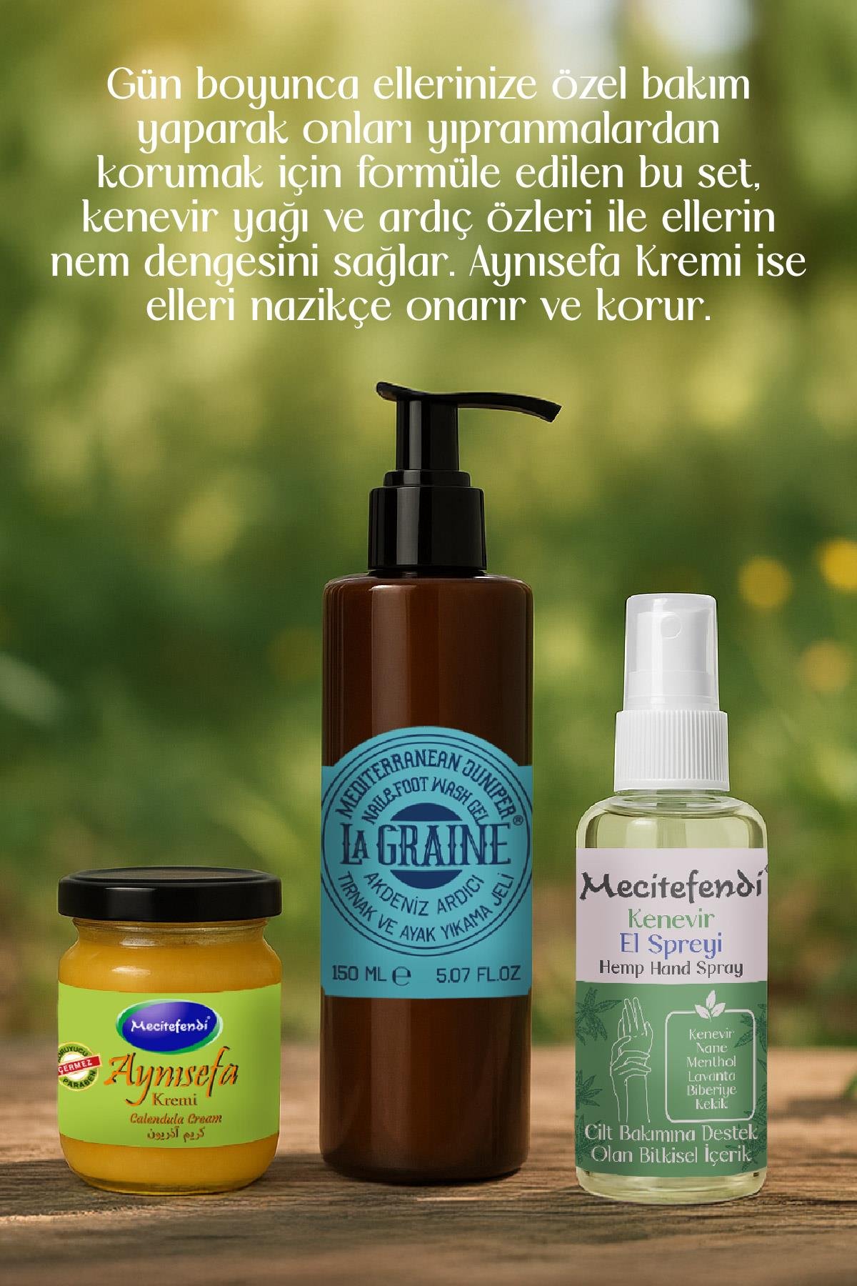 Mecitefendi Lagraine Akdeniz Ardıcı Tırnak ve Ayak Yıkama Jeli 150 ml + Kenevir El Spreyi 50 ml + Aynı Sefa Krem