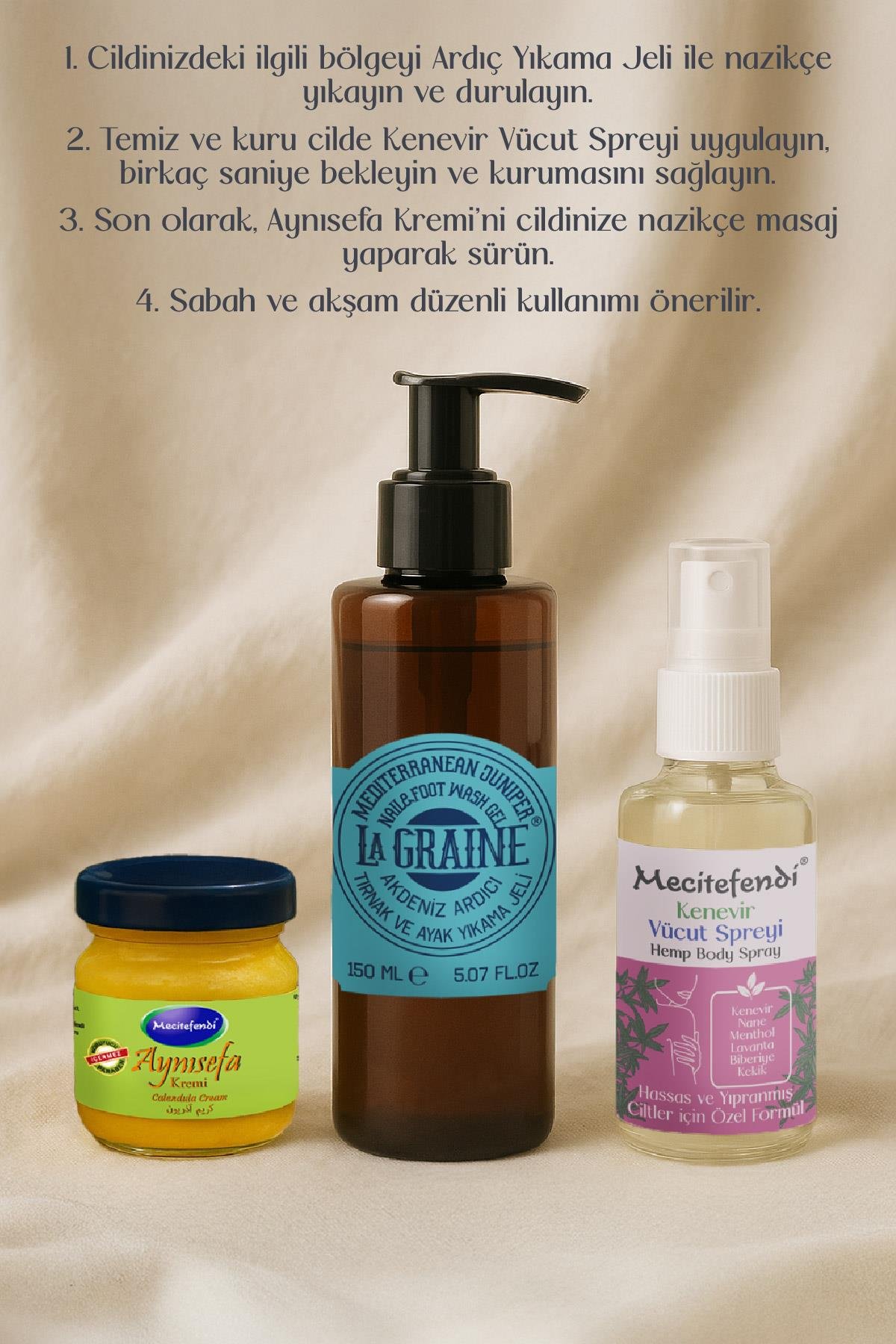 Mecitefendi Lagraine Akdeniz Ardıcı  Tırnak ve Ayak Yıkama Jeli 150 ml + Kenevir Vücut Spreyi 50 ml + Aynı Sefa