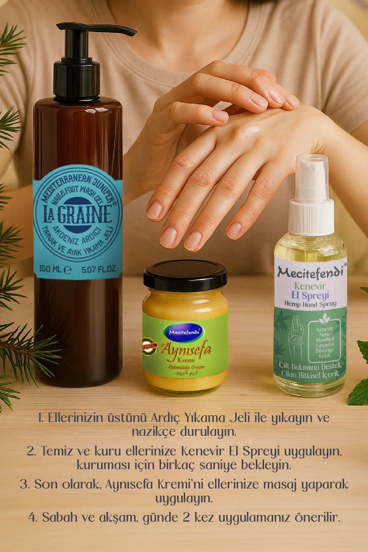 Mecitefendi Lagraine Akdeniz Ardıcı Tırnak ve Ayak Yıkama Jeli 150 ml + Kenevir El Spreyi 50 ml + Aynı Sefa Krem