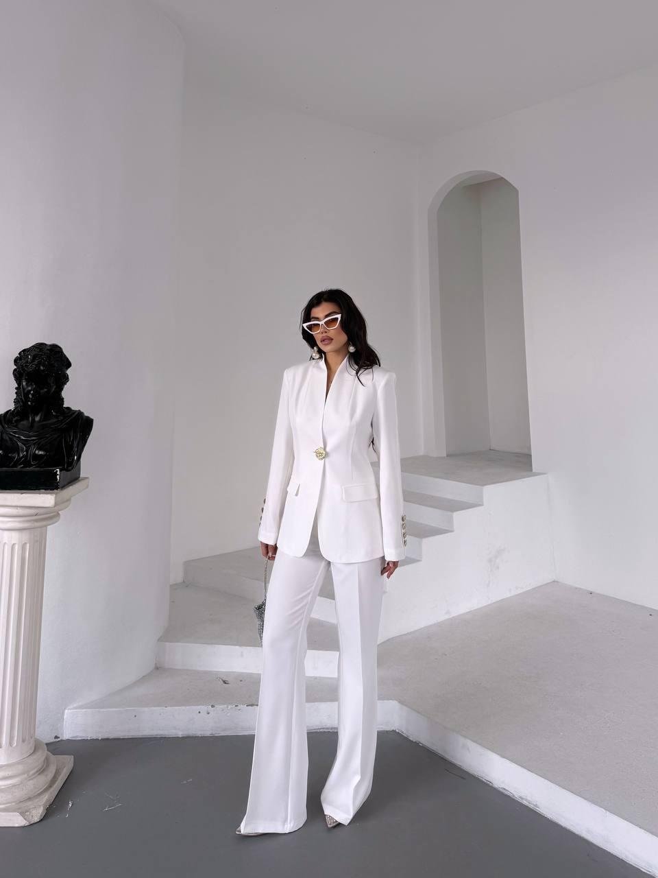  Beyaz Gold Düğmeli Ceket Pantolon Blazer Takım
