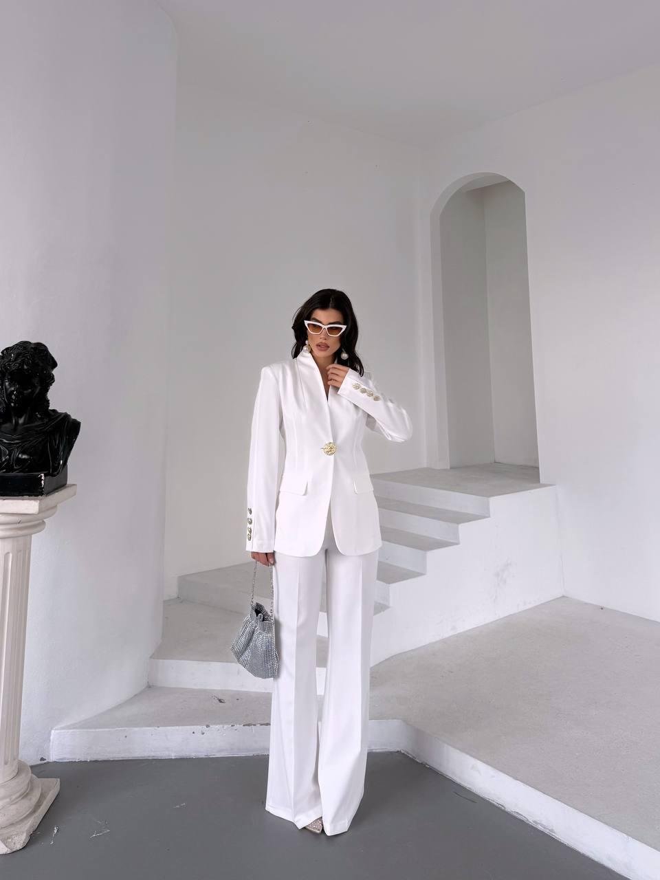  Beyaz Gold Düğmeli Ceket Pantolon Blazer Takım