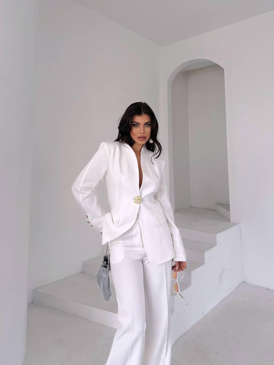  Beyaz Gold Düğmeli Ceket Pantolon Blazer Takım