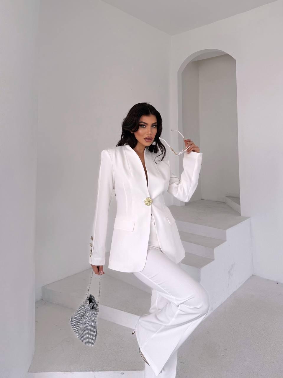  Beyaz Gold Düğmeli Ceket Pantolon Blazer Takım