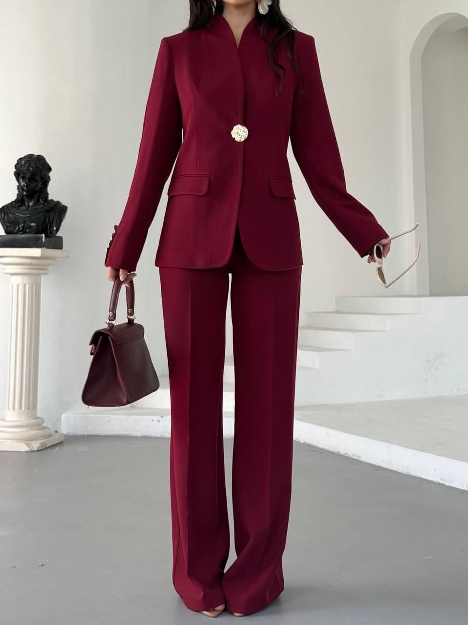 Bordo Gold Düğmeli Ceket Pantolon Blazer Takım