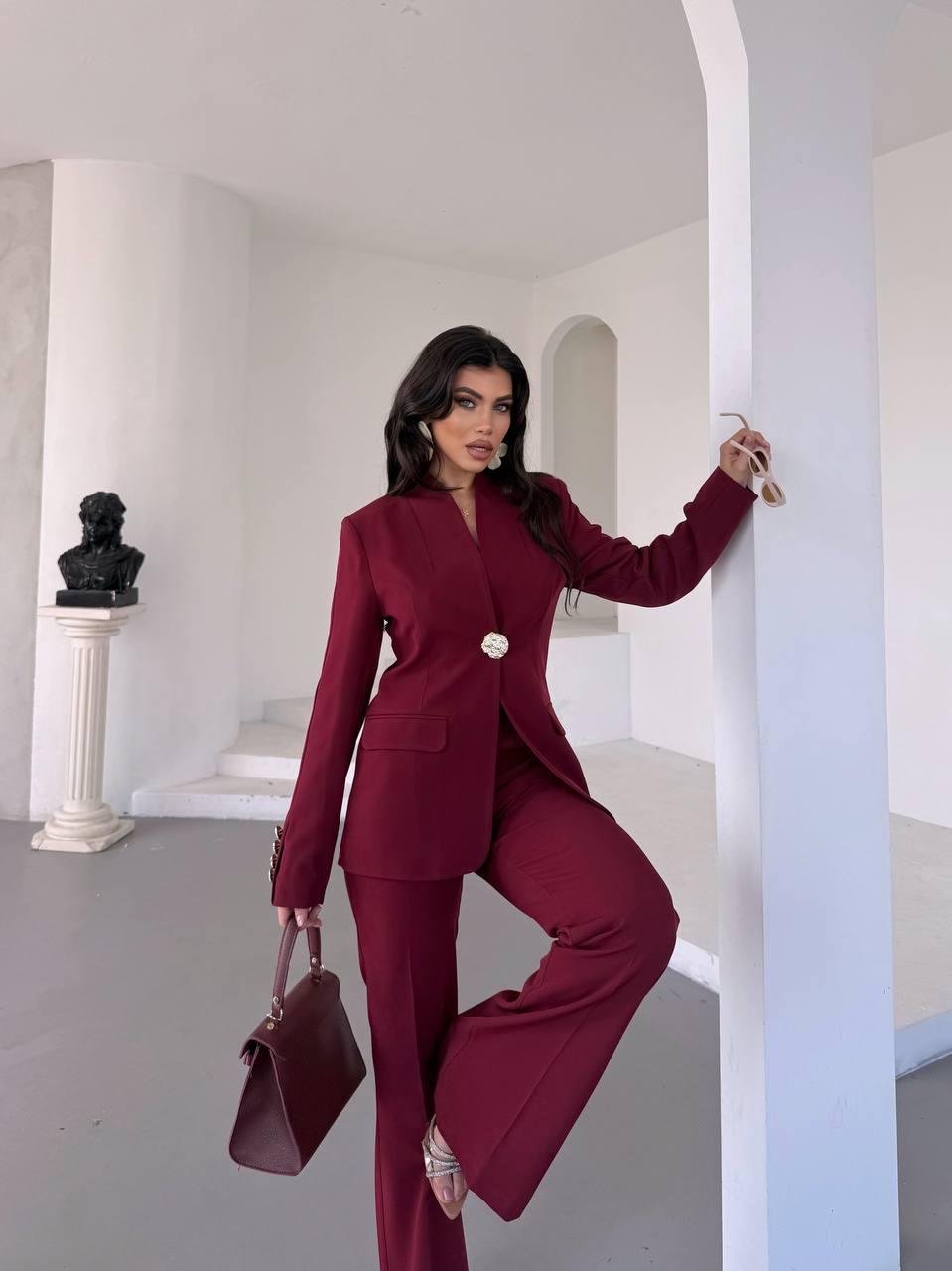  Bordo Gold Düğmeli Ceket Pantolon Blazer Takım