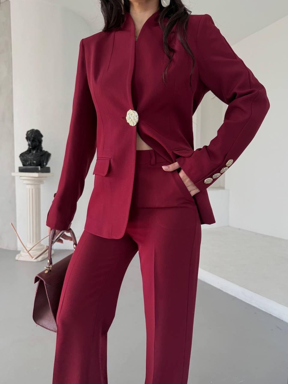  Bordo Gold Düğmeli Ceket Pantolon Blazer Takım