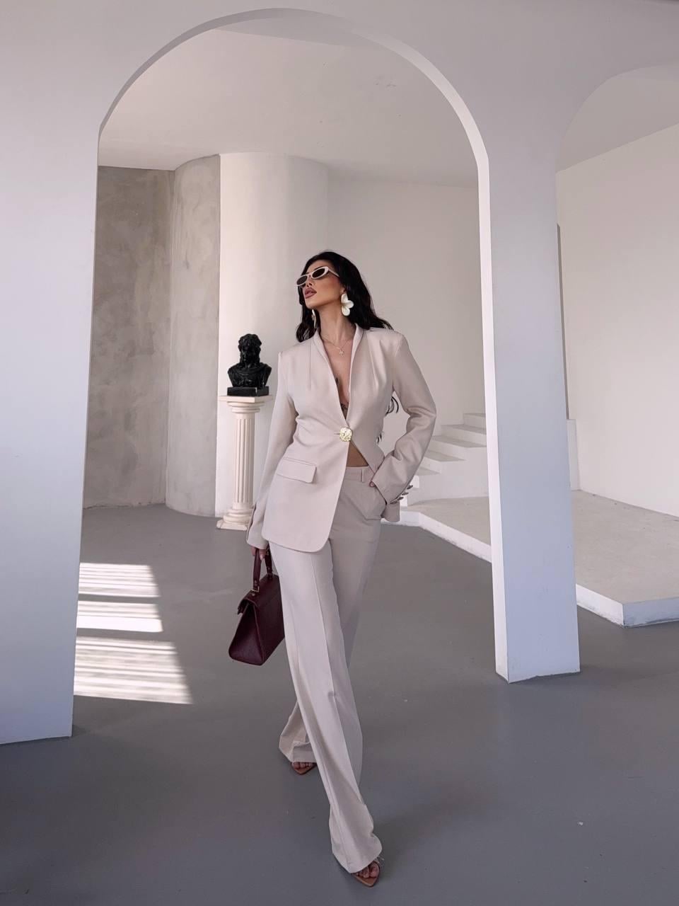  Ekru Gold Düğmeli Ceket Pantolon Blazer Takım