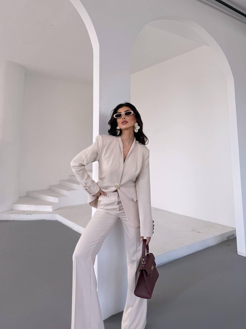  Ekru Gold Düğmeli Ceket Pantolon Blazer Takım