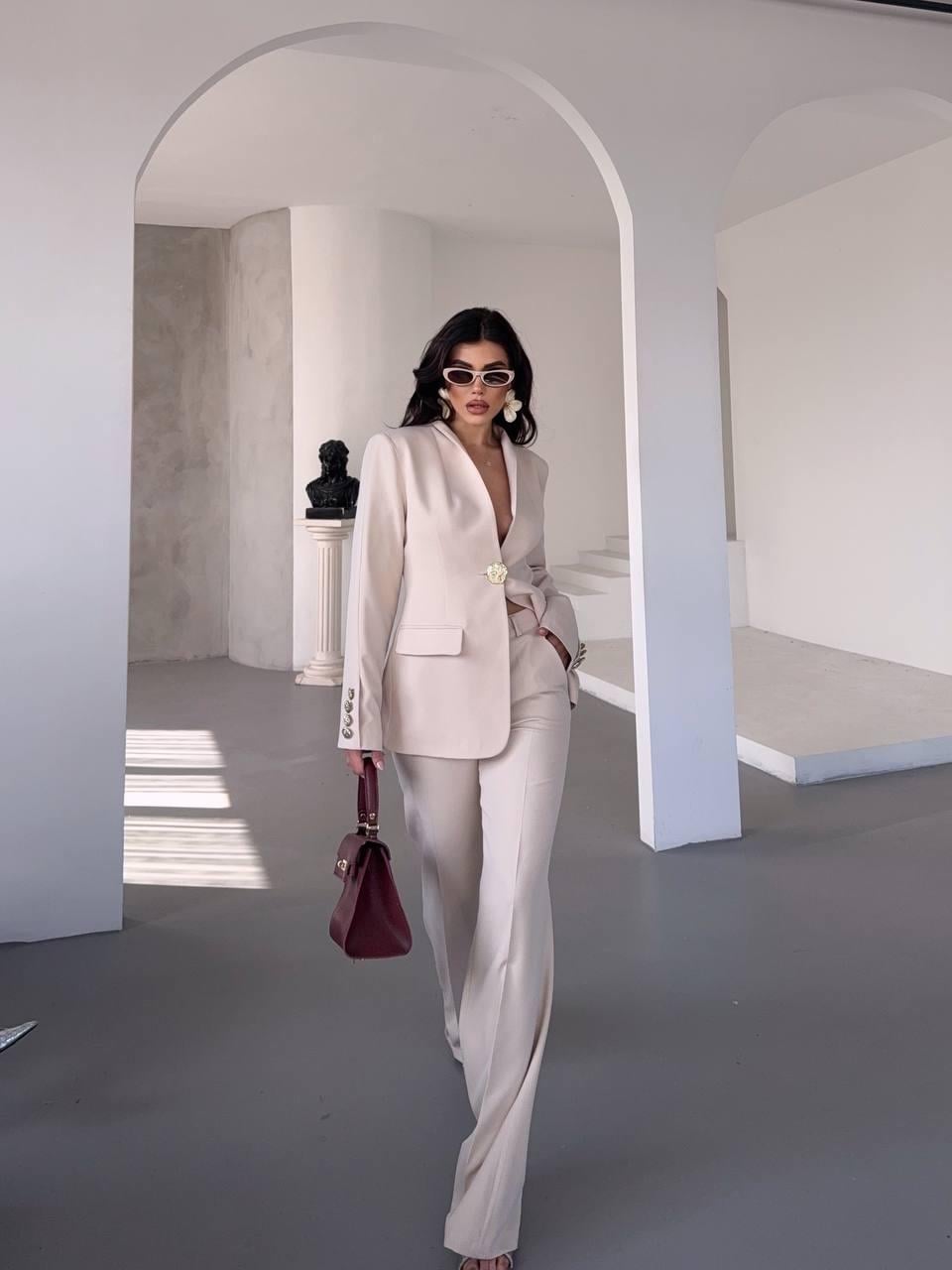  Ekru Gold Düğmeli Ceket Pantolon Blazer Takım