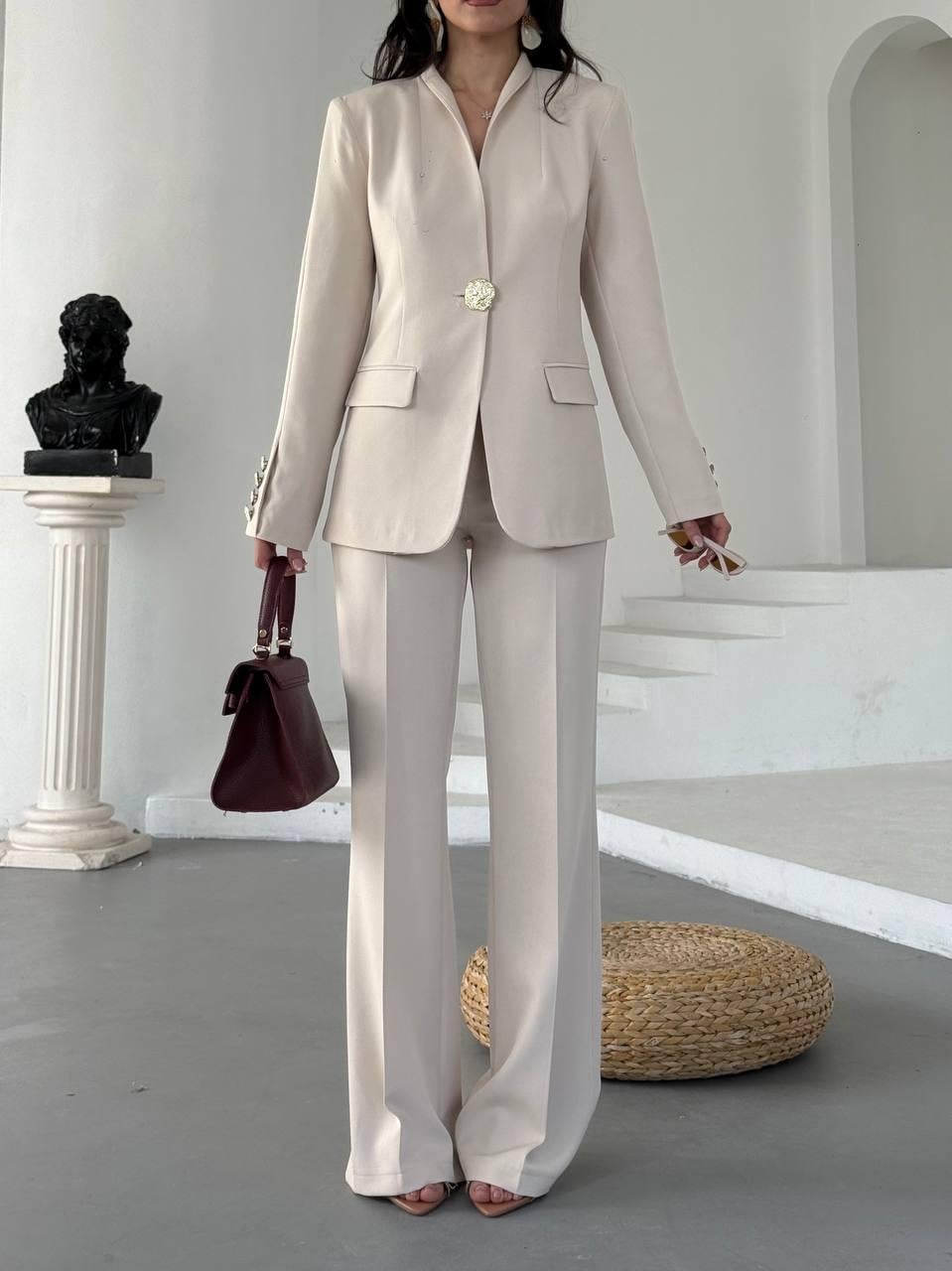  Ekru Gold Düğmeli Ceket Pantolon Blazer Takım