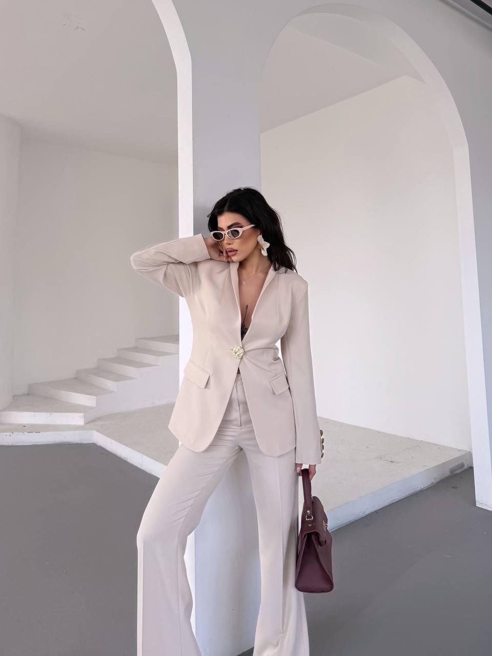  Ekru Gold Düğmeli Ceket Pantolon Blazer Takım