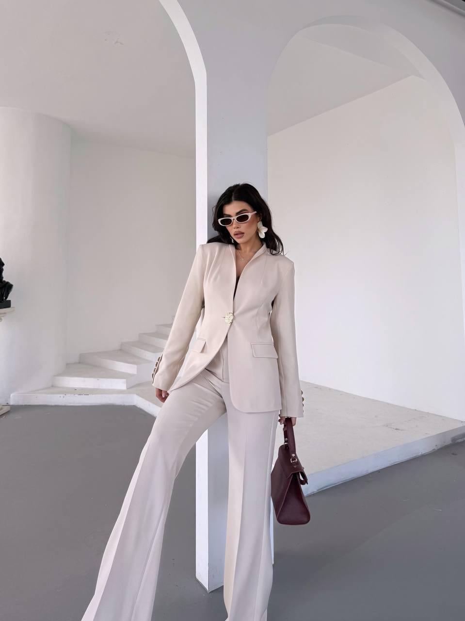  Ekru Gold Düğmeli Ceket Pantolon Blazer Takım