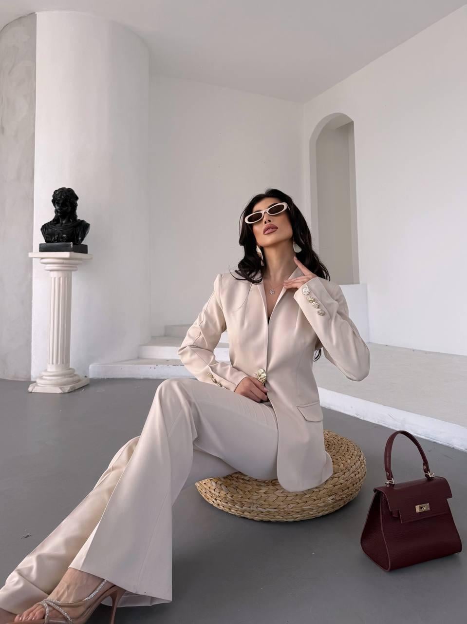  Ekru Gold Düğmeli Ceket Pantolon Blazer Takım