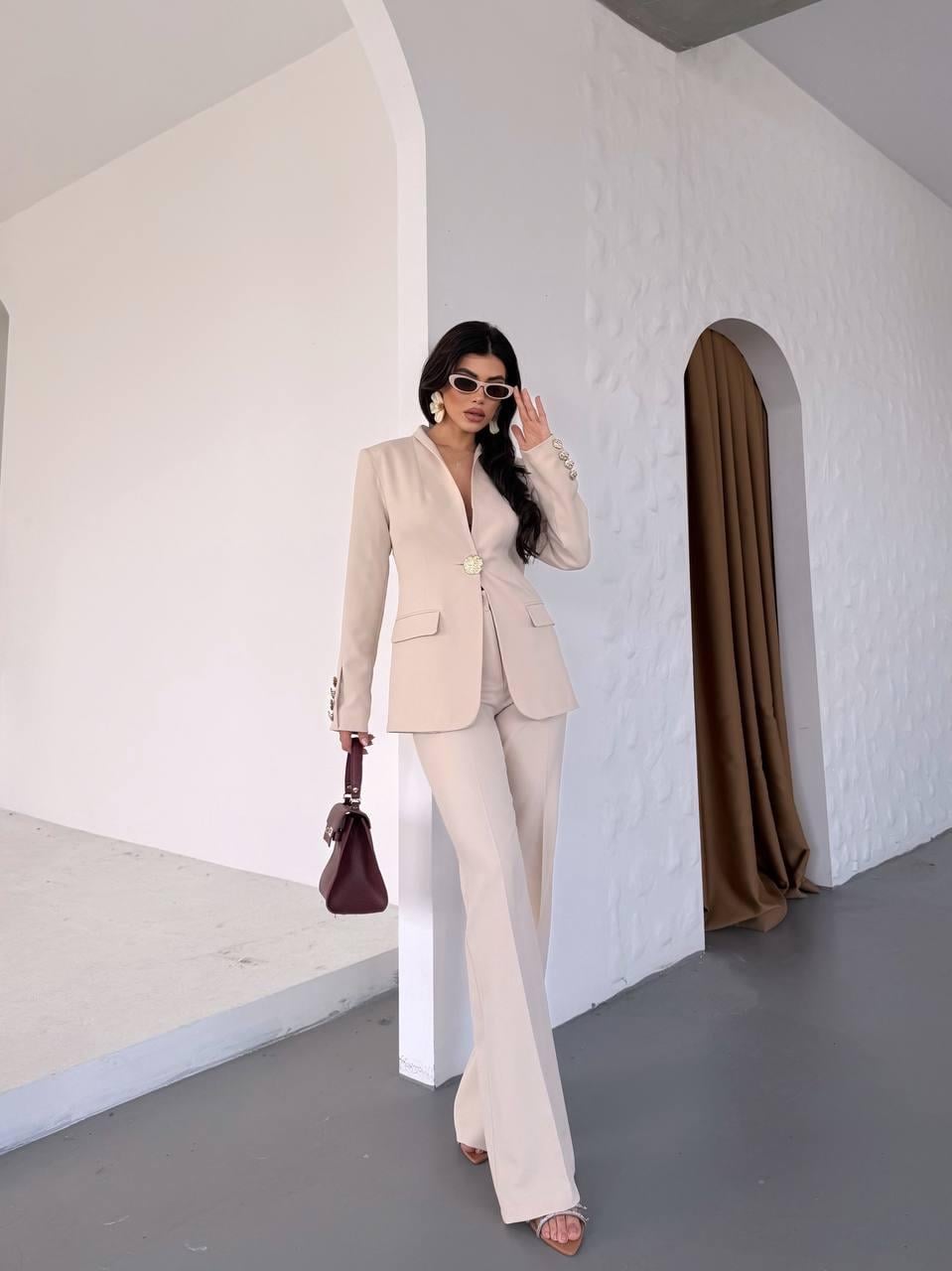  Ekru Gold Düğmeli Ceket Pantolon Blazer Takım