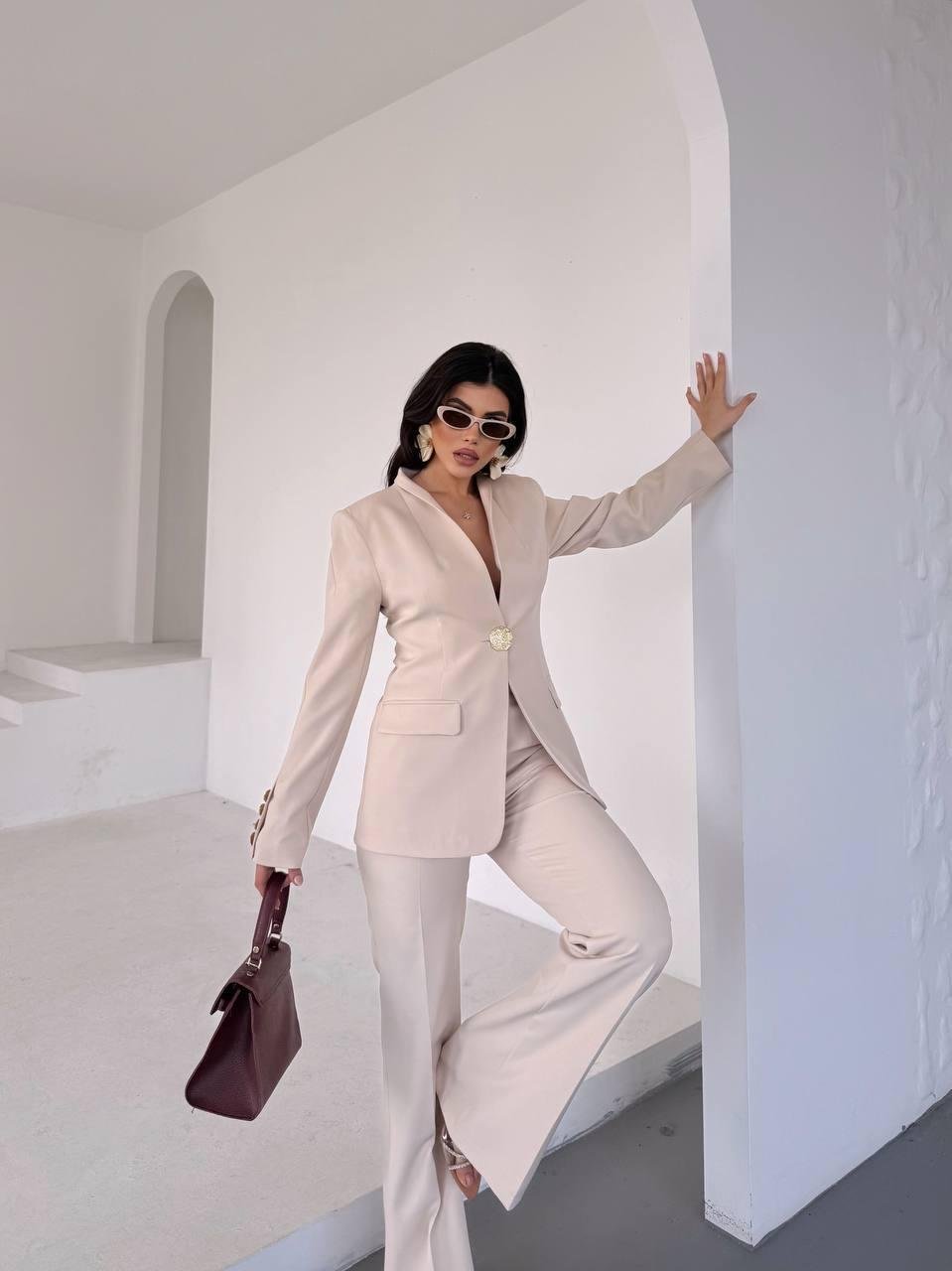  Ekru Gold Düğmeli Ceket Pantolon Blazer Takım