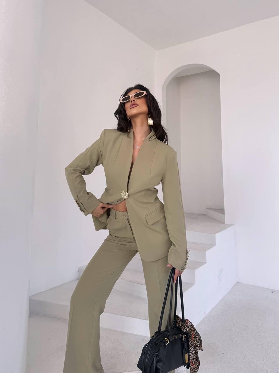  Haki Gold Düğmeli Ceket Pantolon Blazer Takım