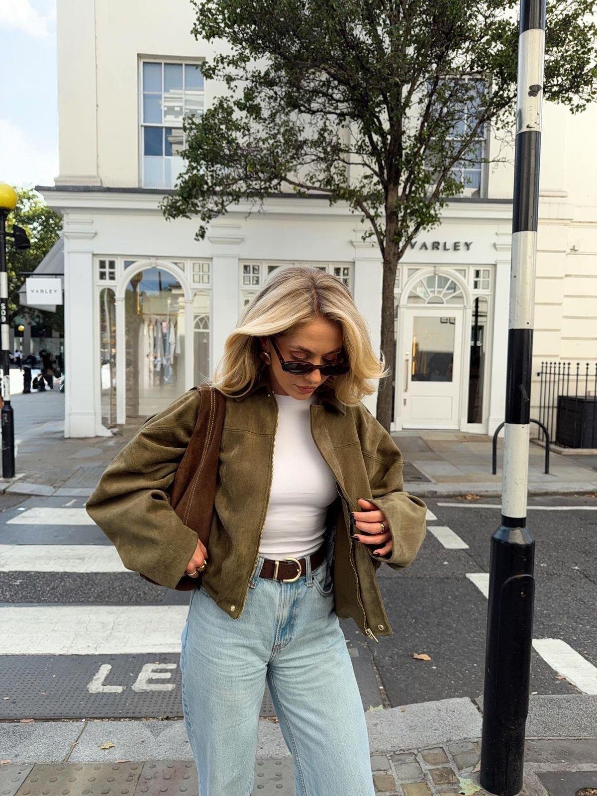  Haki Oversize Crop Süet Mont