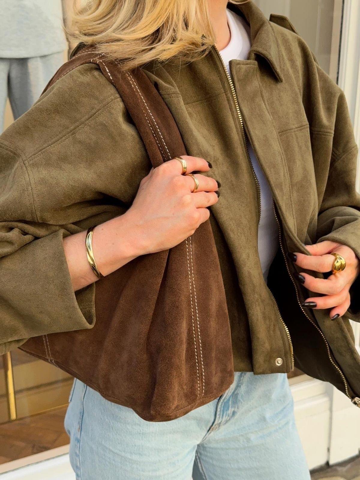  Haki Oversize Crop Süet Mont