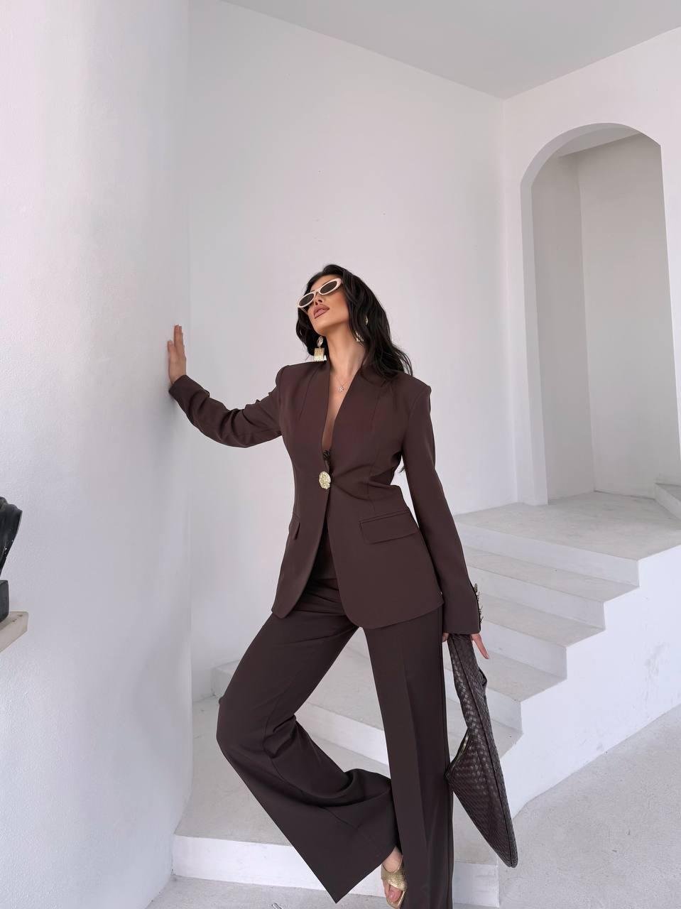  Kahverengi Gold Düğmeli Ceket Pantolon Blazer Takım