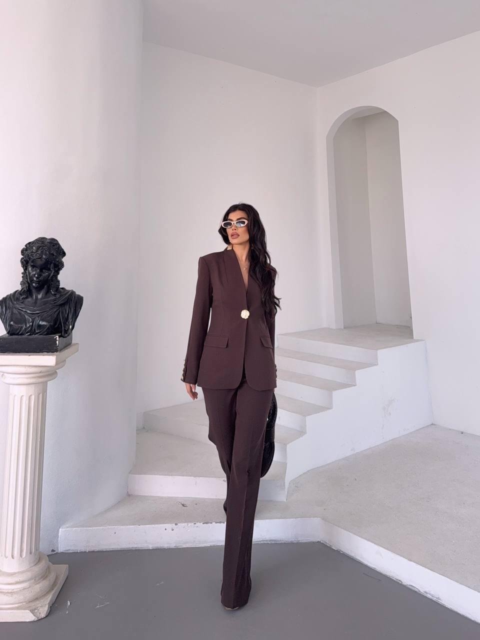  Kahverengi Gold Düğmeli Ceket Pantolon Blazer Takım