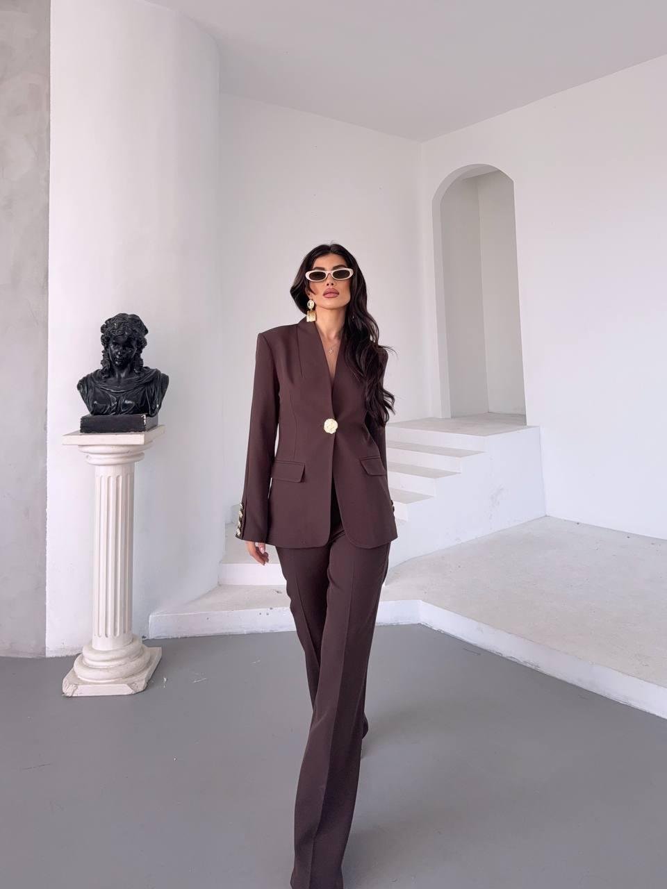  Kahverengi Gold Düğmeli Ceket Pantolon Blazer Takım