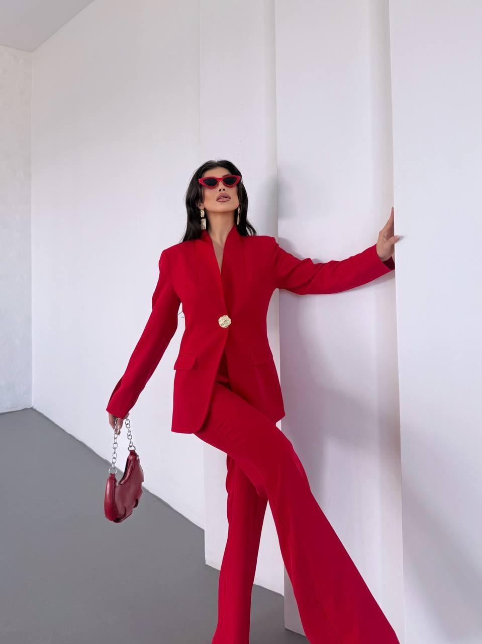  Kırmızı Gold Düğmeli Ceket Pantolon Blazer Takım