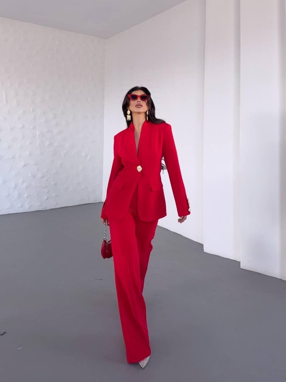  Kırmızı Gold Düğmeli Ceket Pantolon Blazer Takım