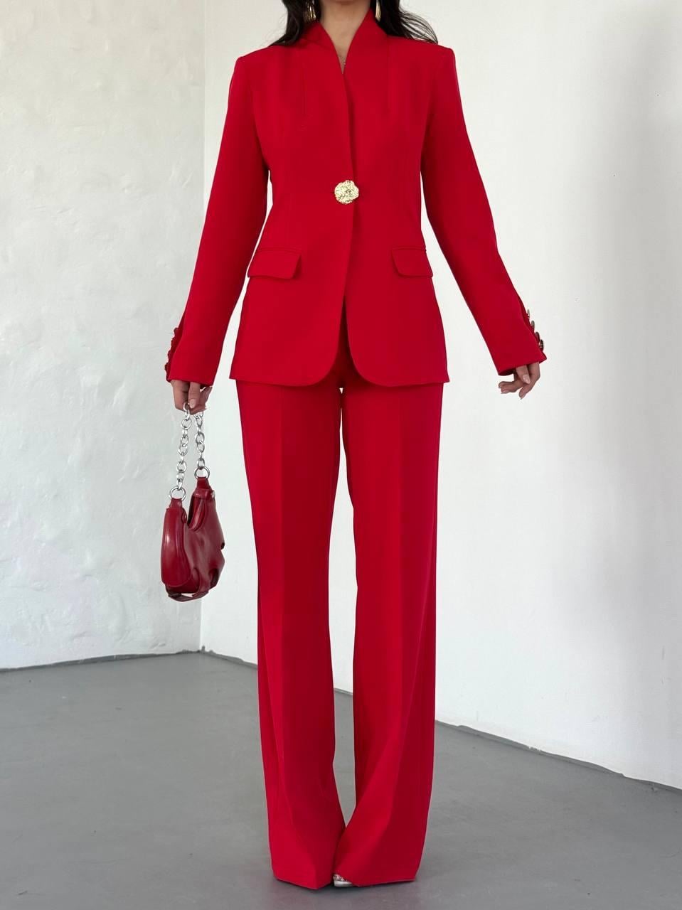  Kırmızı Gold Düğmeli Ceket Pantolon Blazer Takım