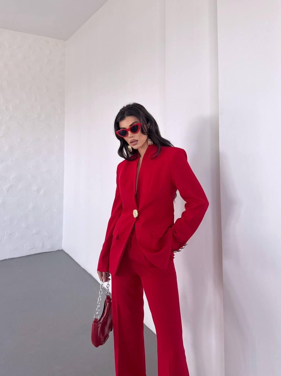  Kırmızı Gold Düğmeli Ceket Pantolon Blazer Takım