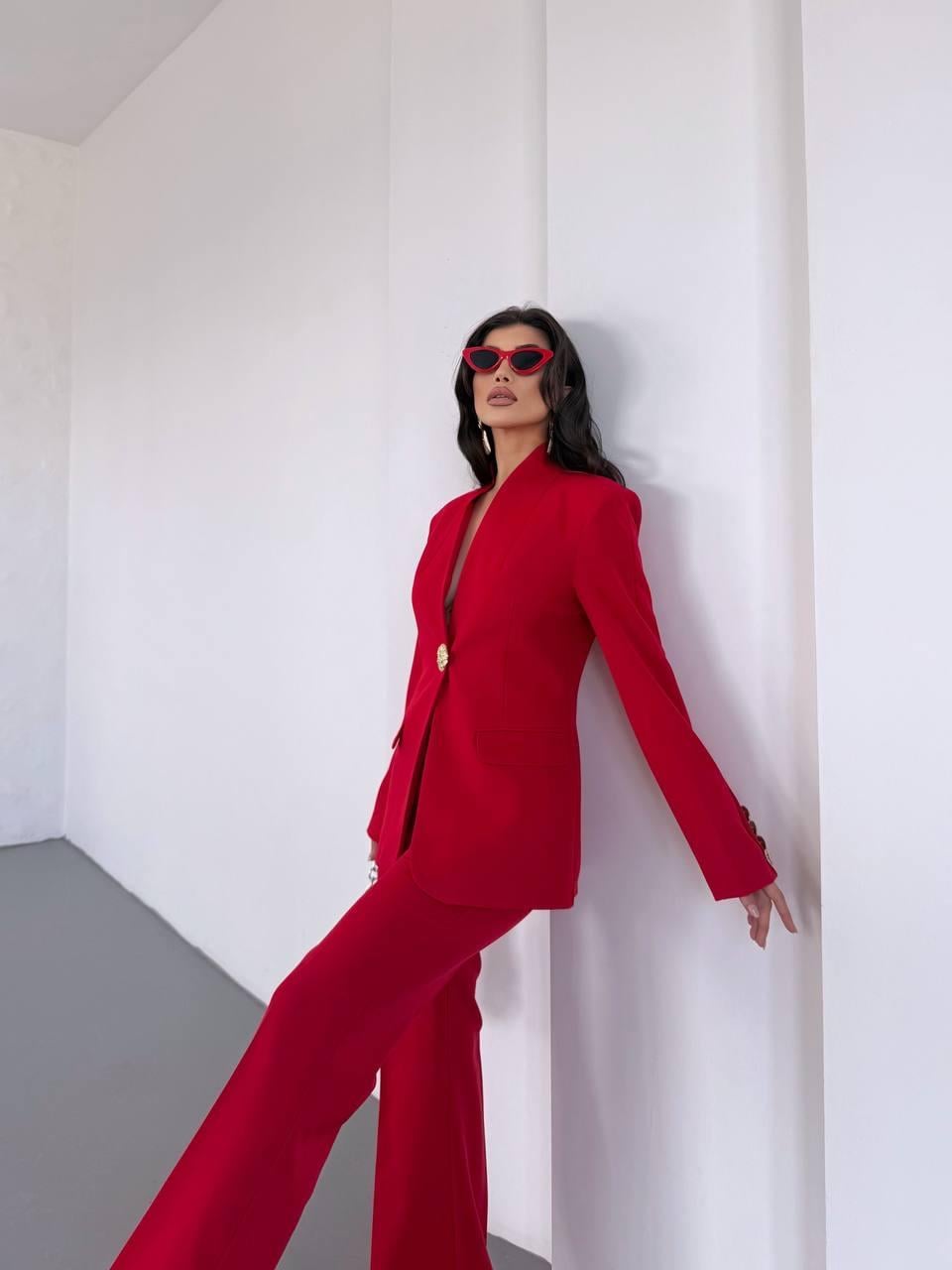  Kırmızı Gold Düğmeli Ceket Pantolon Blazer Takım