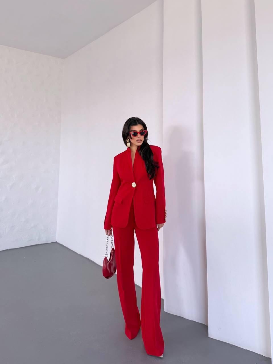  Kırmızı Gold Düğmeli Ceket Pantolon Blazer Takım