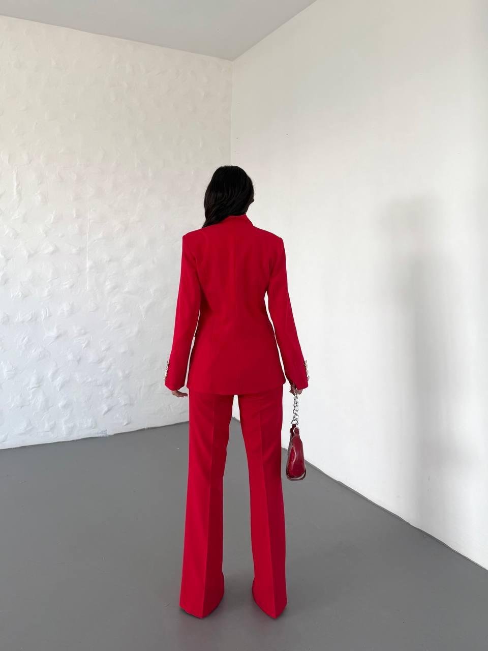  Kırmızı Gold Düğmeli Ceket Pantolon Blazer Takım