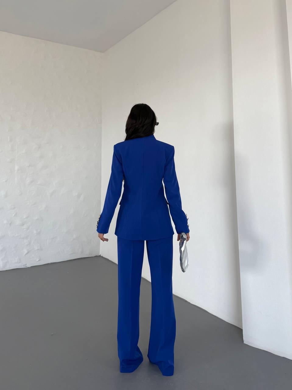  Saks Mavi Gold Düğmeli Ceket Pantolon Blazer Takım