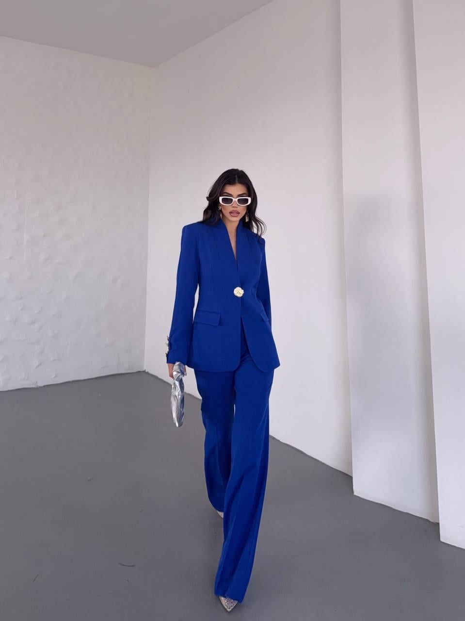  Saks Mavi Gold Düğmeli Ceket Pantolon Blazer Takım