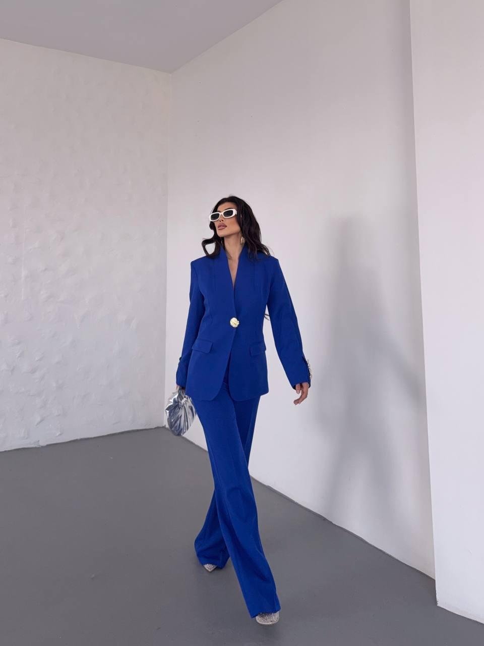  Saks Mavi Gold Düğmeli Ceket Pantolon Blazer Takım