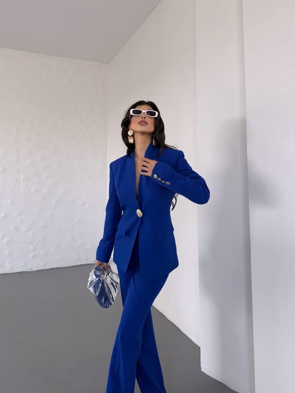 Saks Mavi Gold Düğmeli Ceket Pantolon Blazer Takım