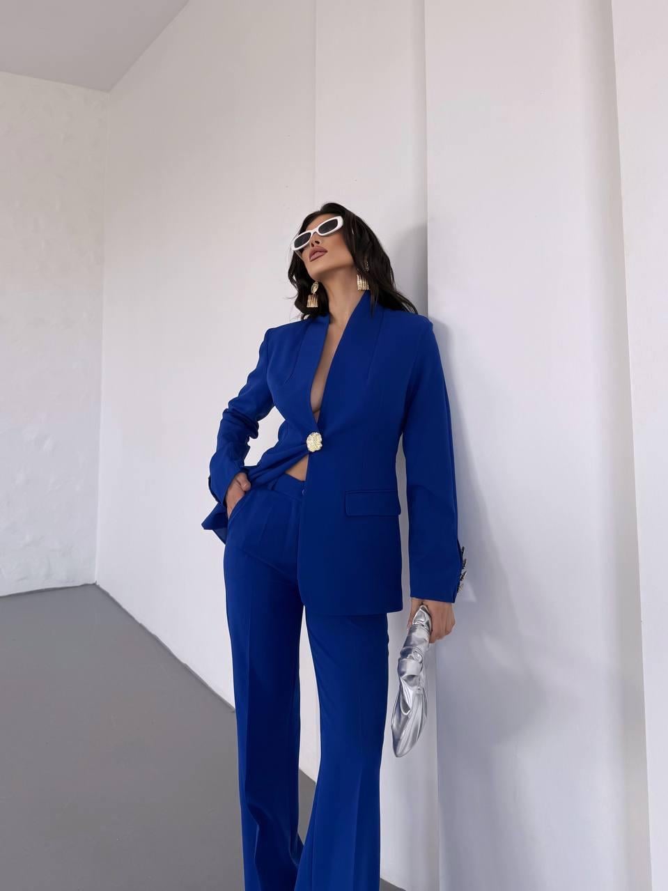  Saks Mavi Gold Düğmeli Ceket Pantolon Blazer Takım
