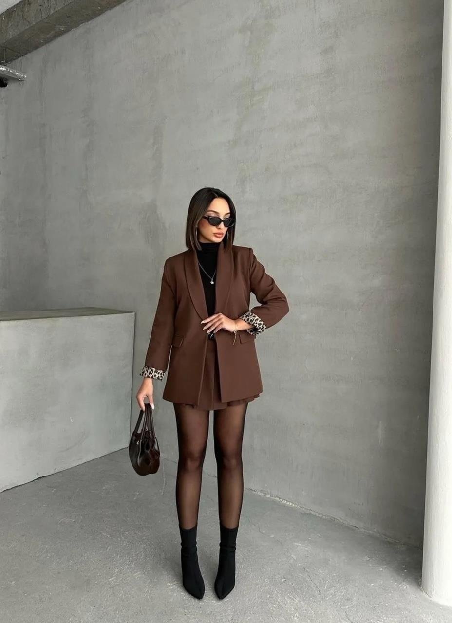 Acı Kahve Leopar Astarlı Blazer Ceket