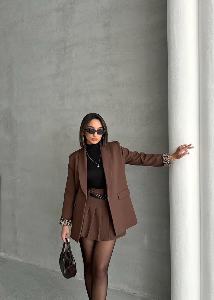 Acı Kahve Leopar Astarlı Blazer Ceket