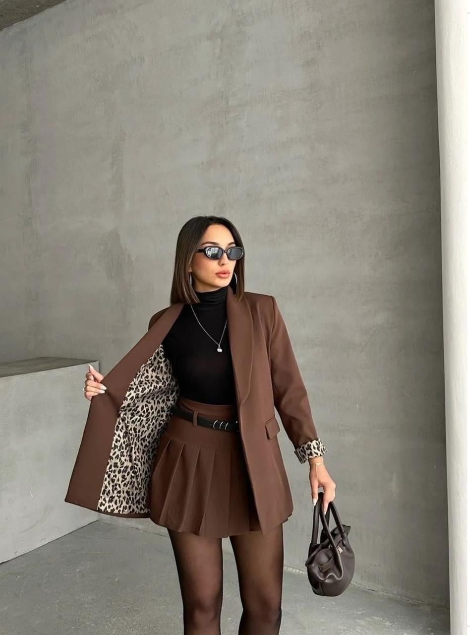 Acı Kahve Leopar Astarlı Blazer Ceket