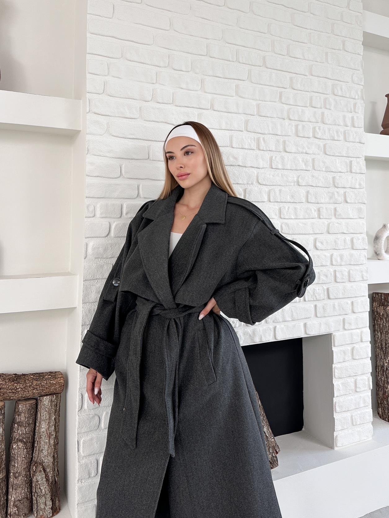 Antrasit Kaşe Pelerinli Kuşaklı Düğmeli Oversize Kaban