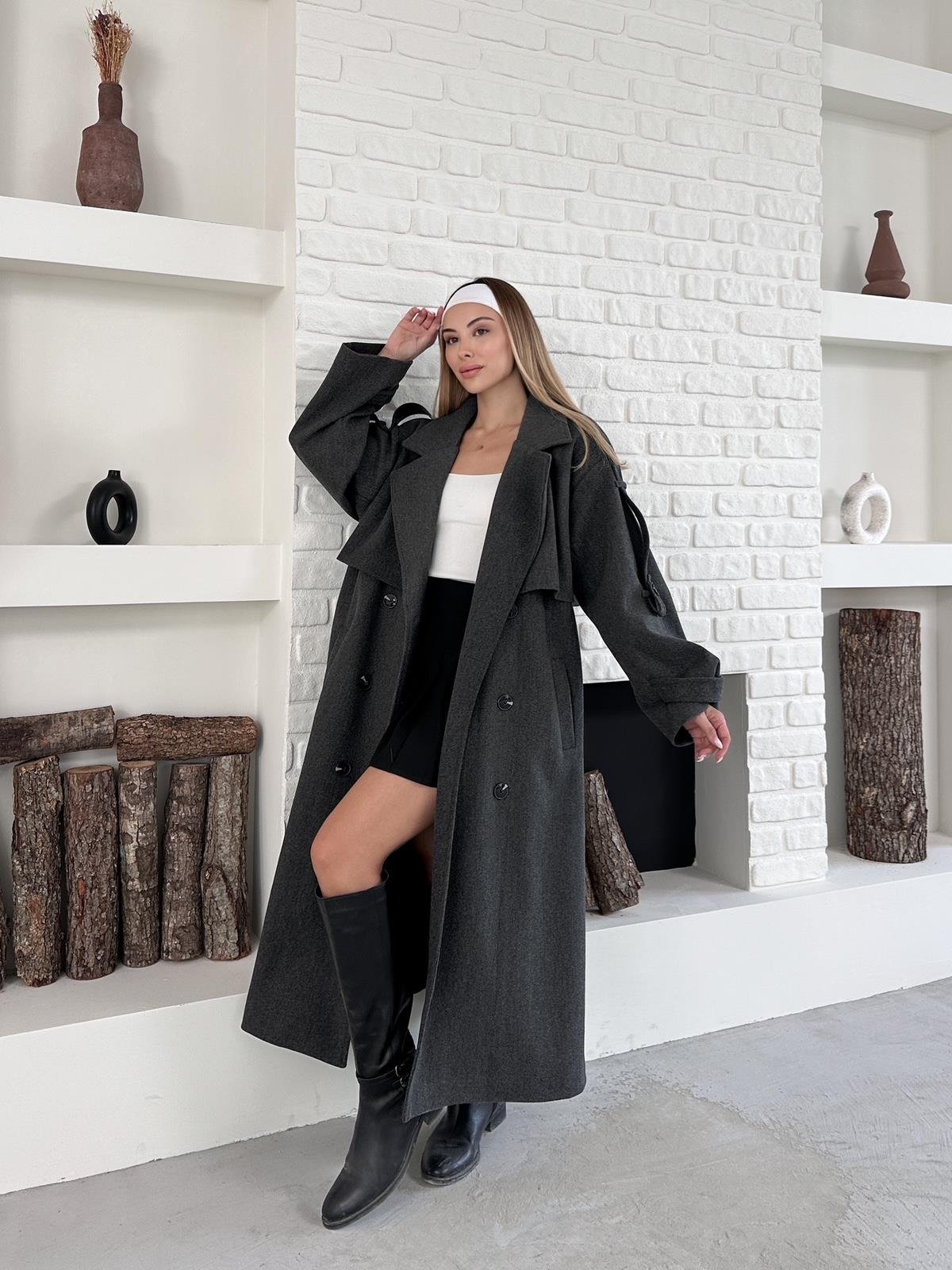 Antrasit Kaşe Pelerinli Kuşaklı Düğmeli Oversize Kaban