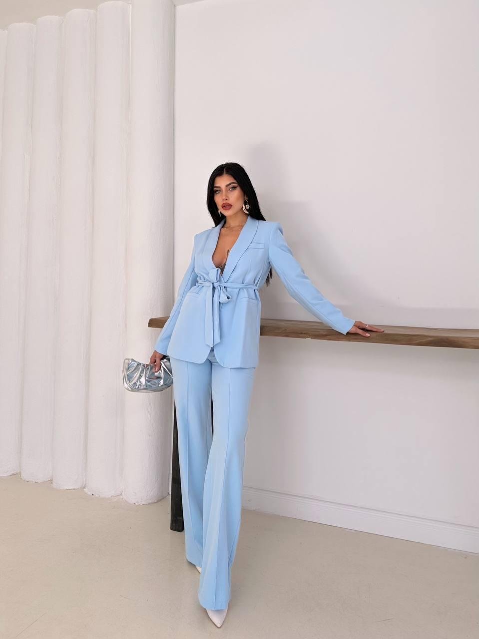 Bebe Mavi Kuşaklı Bağlamalı Ceket Pantolon Blazer Takım