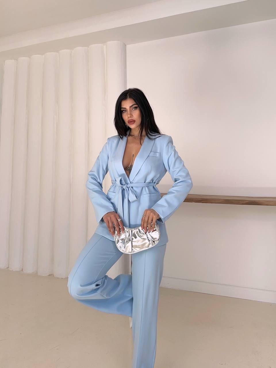 Bebe Mavi Kuşaklı Bağlamalı Ceket Pantolon Blazer Takım