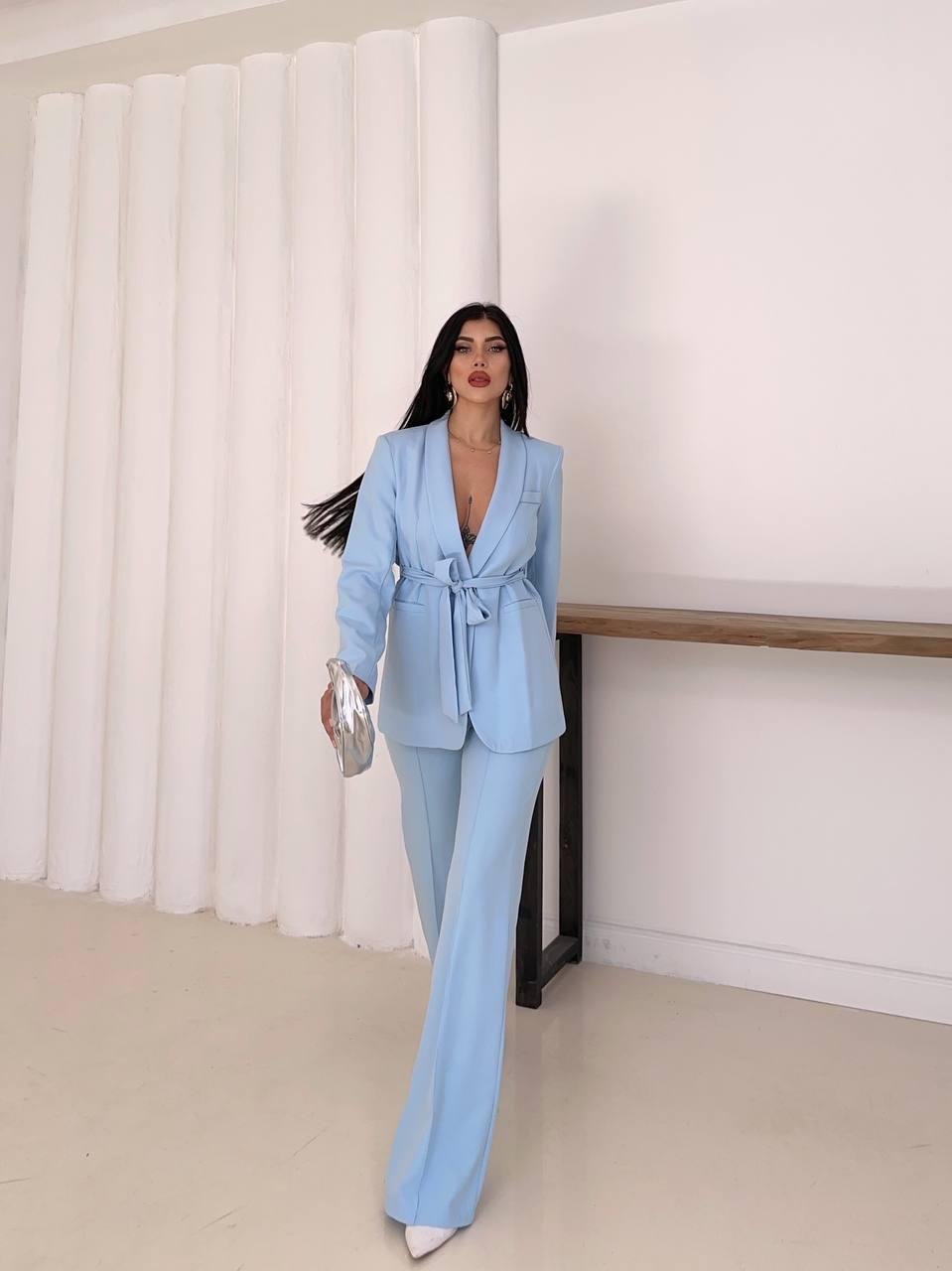 Bebe Mavi Kuşaklı Bağlamalı Ceket Pantolon Blazer Takım