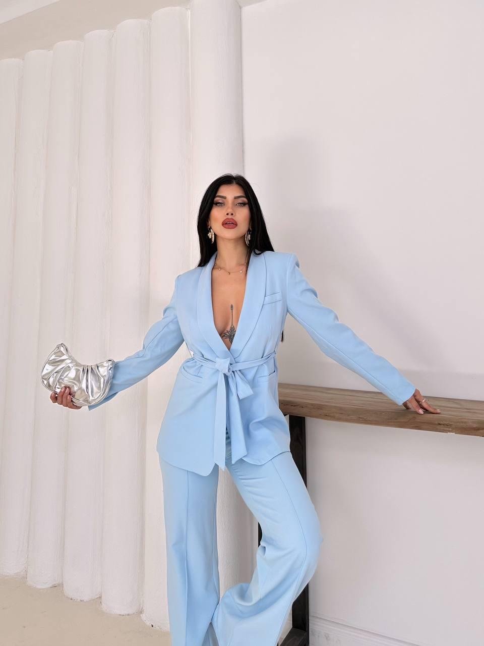 Bebe Mavi Kuşaklı Bağlamalı Ceket Pantolon Blazer Takım