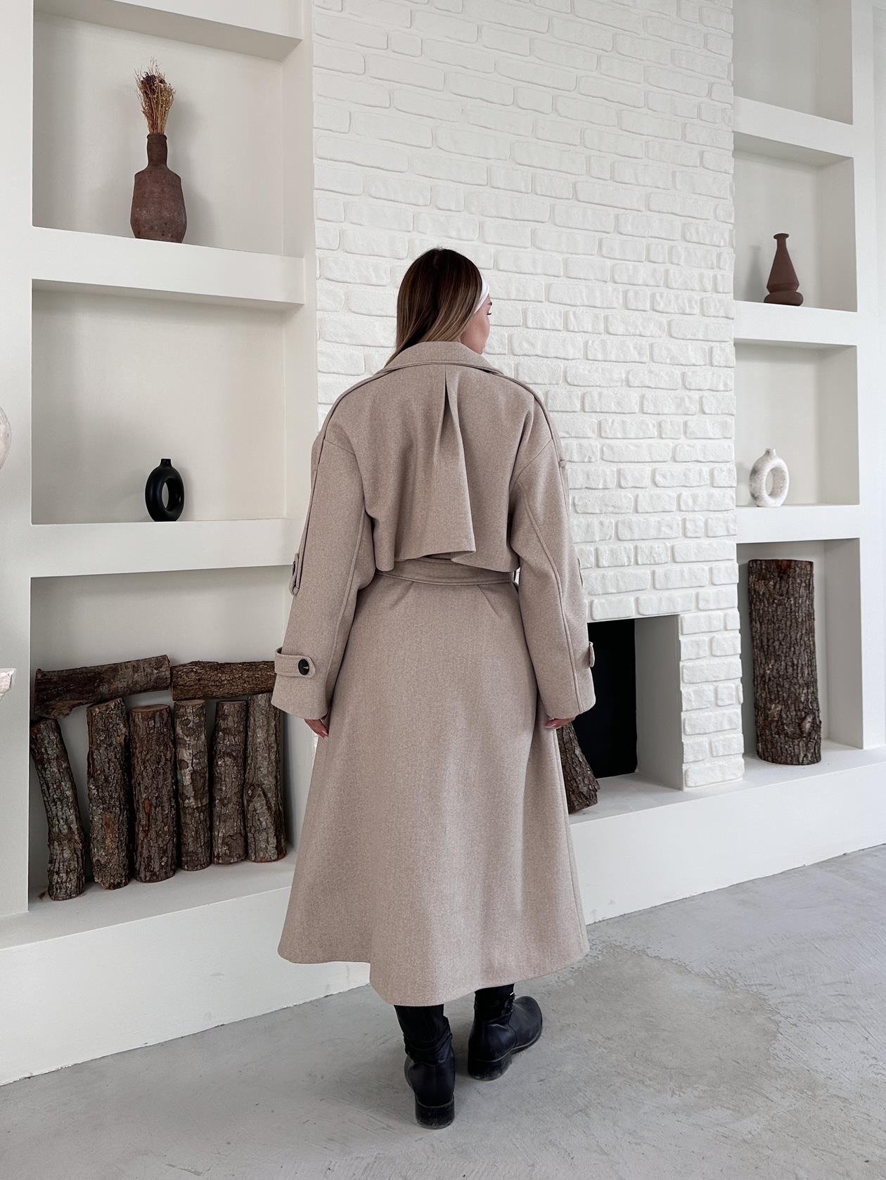 Bej Kaşe Pelerinli Kuşaklı Düğmeli Oversize Kaban