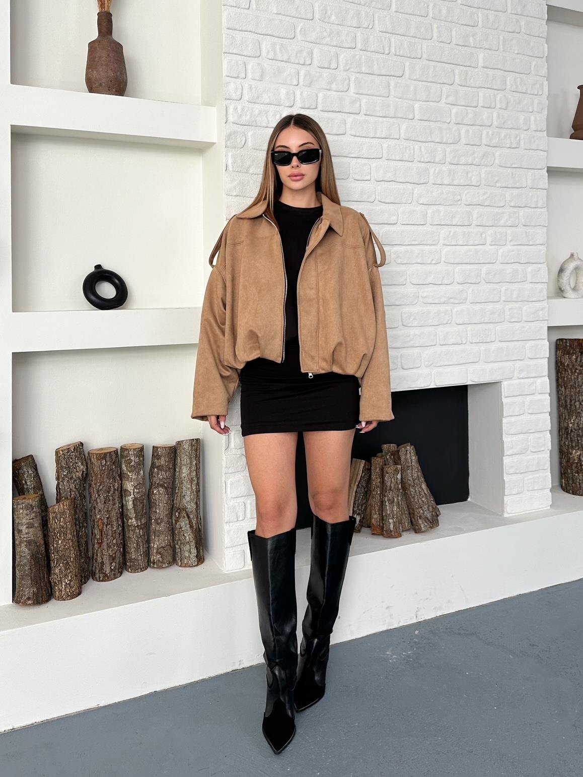 Bej Oversize Bomber Süet Ceket